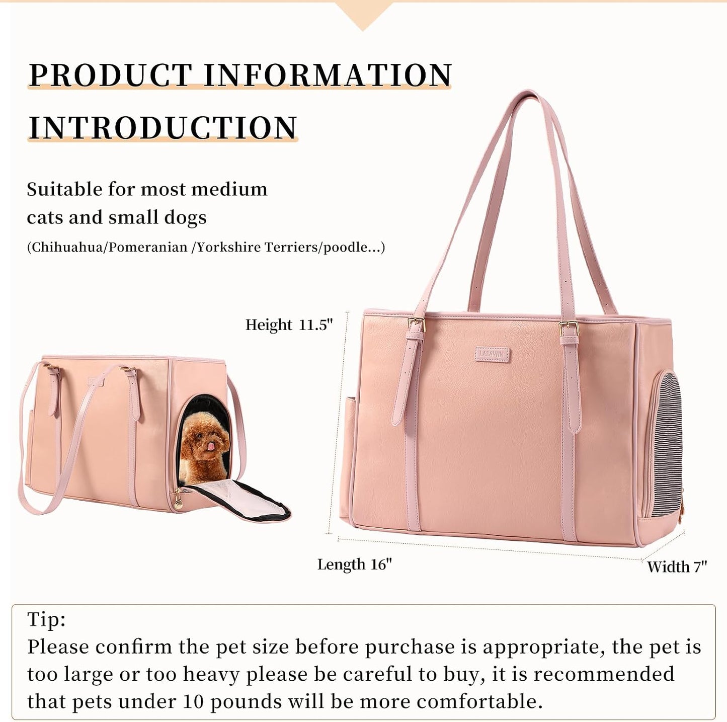Lasaviin Fashion Dog Purse Pet Carrier Leather Bag for Small Dogs Cats Puppy, Portable Tote Bag Airline Approved Soft-Sided Carriers (Pink)