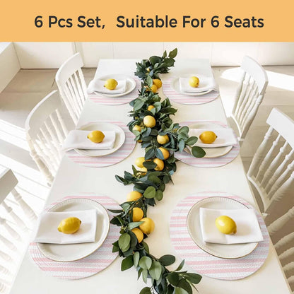 Round 13'' Placemats Set of 6, Pink Line Striped HeatResistant Polypropylene Placemats, Farmhouse Modern Geometric Stripes Washable Braided Place Mats for Dining Table, Non Slip Kitchen Table Decor