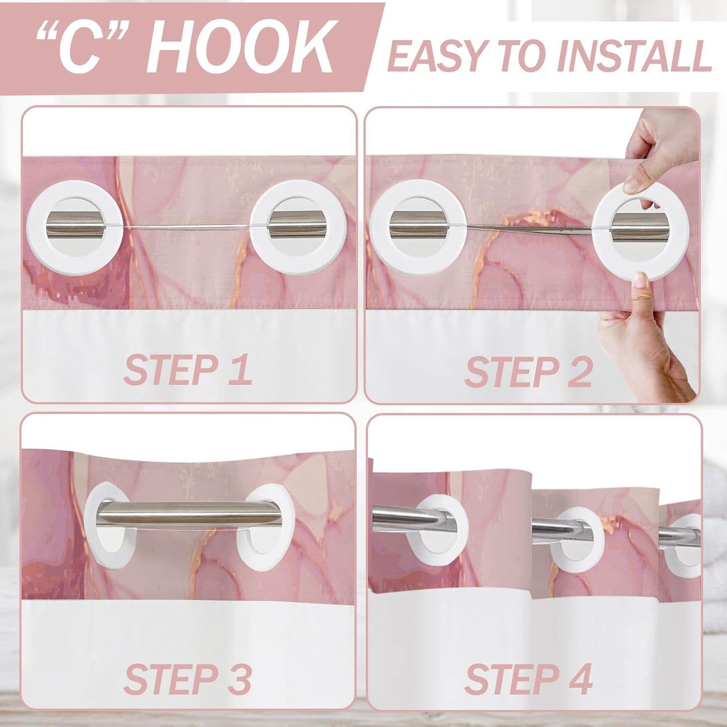 Lnond No Hooks Shower Curtain with Snap in Liner, Pink Gold Marble Hookless Shower Curtain for Bathroom,Machine Washable, 71" (W) X 74" (H)