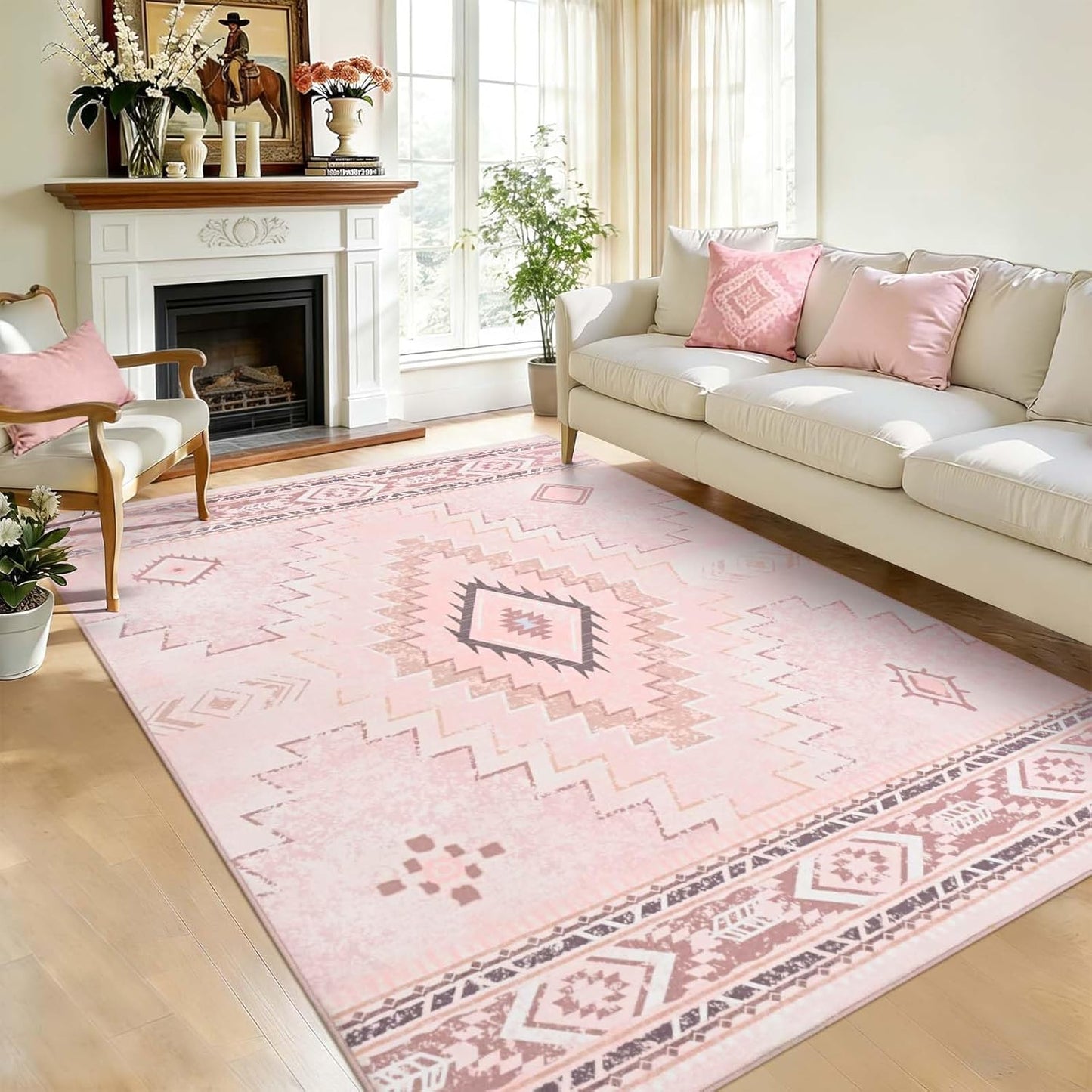 Yinhua Pink Rug for Bedroom, Western 5x7 Rugs for Living Room, Moroccan Washable Area Rug Low-Pile, Soft Non-Slip Aztec Rugs with Rubber Backing, Non-Shedding Carpet for Dining Table Office Nursery