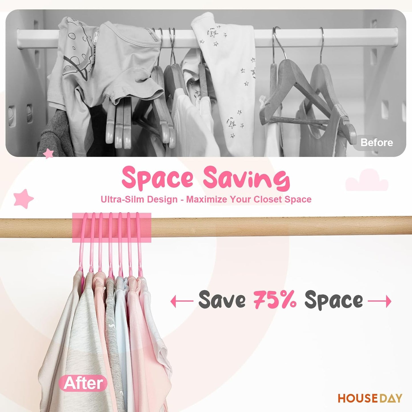 HOUSE DAY Premium Baby Hangers 20 Pack, 11 Inch Kids Plastic Hanger Pink, Slim Childrens Hangers for Infant, Toddler, and Child Clothes, Durable Baby Clothes Hanger for Closet
