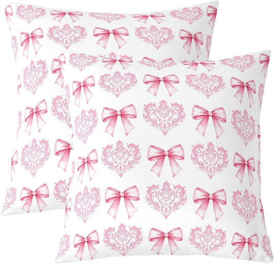 Manfei Cute Bowknot Kids Throw Pillow Cover,Damask Floral Antique Victorian Double Sides Pillow Case,Bow Tie Baroque Romantic Home Decor,Light Pink Bed Couch Sofa Cushion Cover,2 Pack 18"x18"