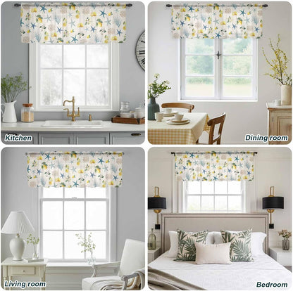 Summer Ocean Starfish Sheer Curtains Valances for Windows Lemons Coastal Coral Flowers Beige Chiffon Kitchen Valances for Cafe, Voile Window Treatments Curtains for Living Room Bedroom, 54"x18"