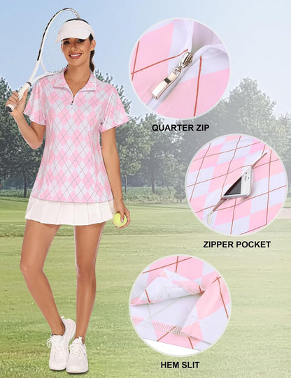 Tanst Sky Womens Golf Shirts Short Sleeve Zip Up Collared Quick Dry Workout Tennis Tops with Pockets