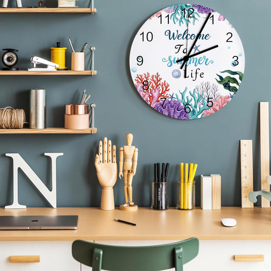 Underwater Coastal Wall Clock Battery Operated Non-Ticking 12" Round Wood Clocks, Summer Ocean Pink Plaid Corals Kitchen Wall Clock for School Bathroom Living Room Home Office Wall Decor