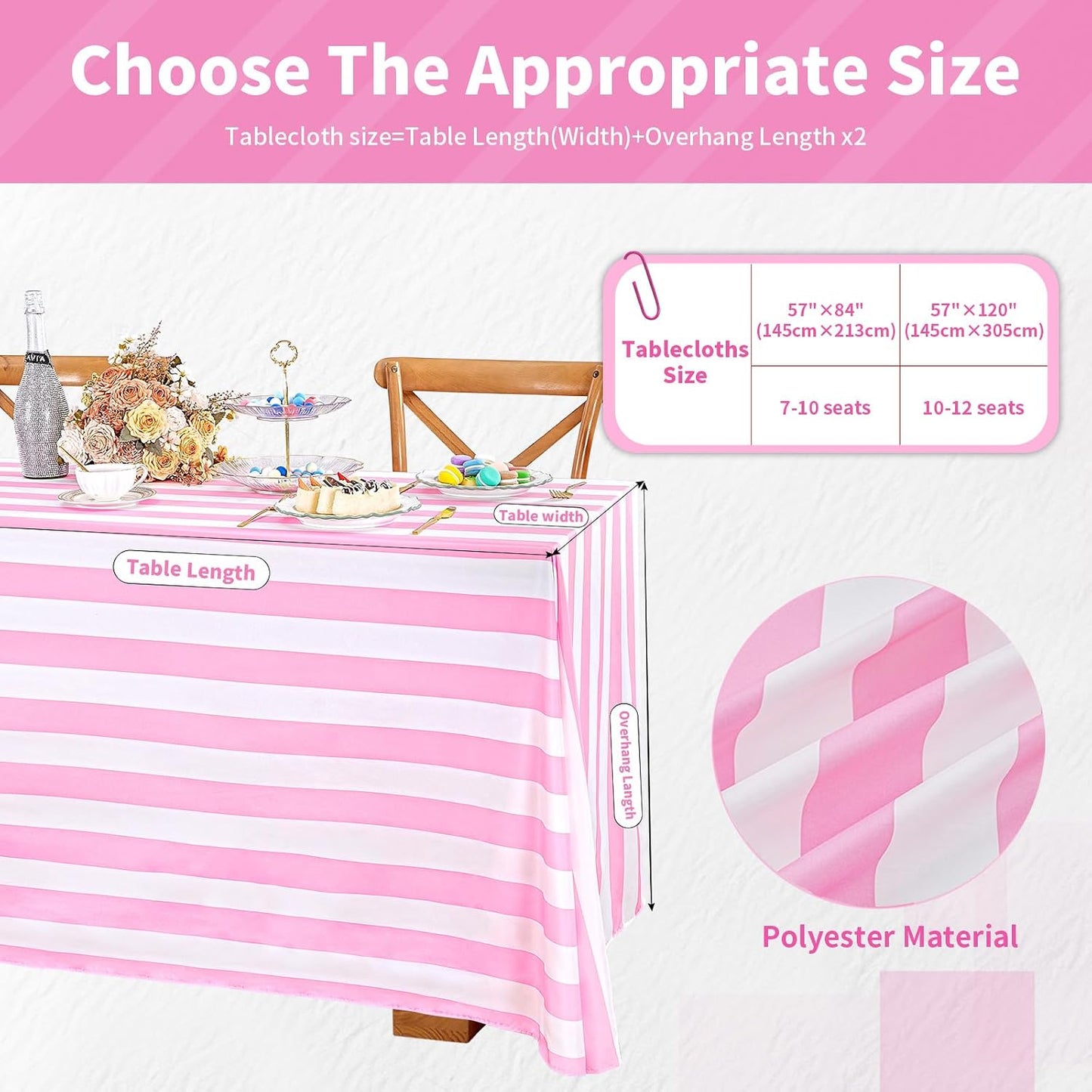 SoarDream Valentines Tablecloth Pink and White Striped Table Cloth 57 x 120 Inch Rectangle Waterproof Tablecloth for Easter Holiday Spring Picnic Outdoor Party Decoration