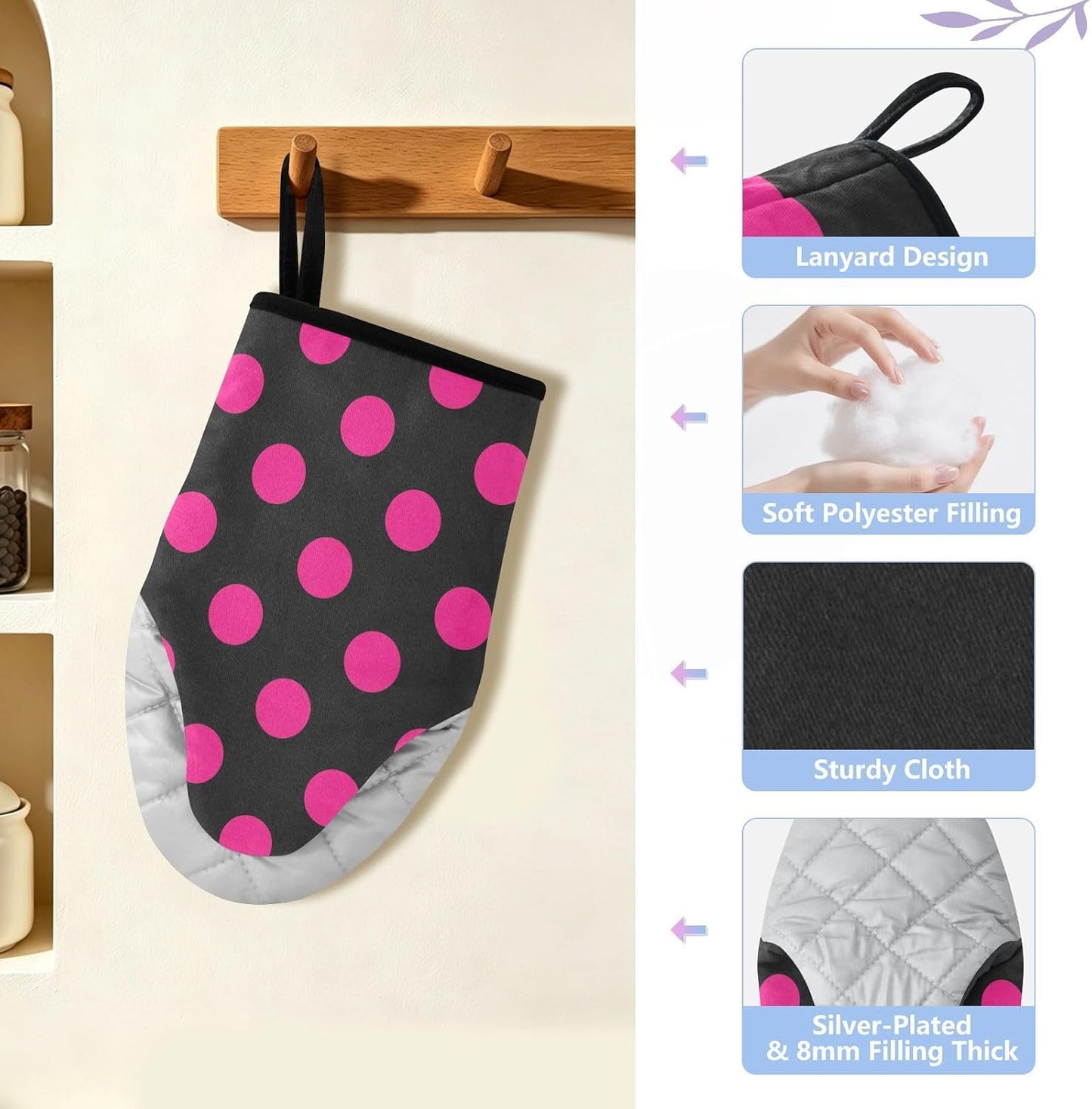 Oven Mitt 2 Pack Set Pink Polka Dot on Black Kitchen Mitts Gloves for for Cooking Baking Grilling