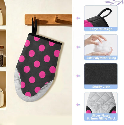 Oven Mitt 2 Pack Set Pink Polka Dot on Black Kitchen Mitts Gloves for for Cooking Baking Grilling