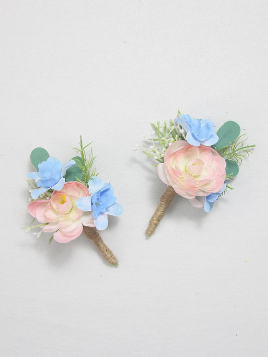 Rinlong 2Pcs Pink Blue Boutonnieres with Pins for Men, Groom, Groomsmen | Wedding, Prom, Homecoming