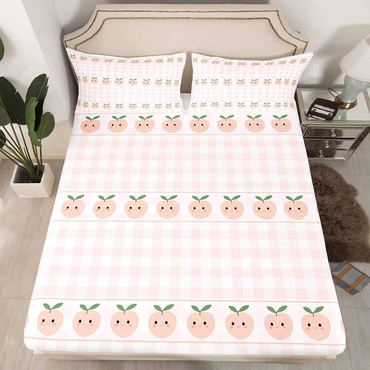Homewish Peach Print Bed Sheets Full Size,Pink White Checkered Bedding Set 4Pcs for Kids Girls Boys Teens Room Decor,Cartoon Fruit Fitted Sheets Sweet Kawaii Top Flat Sheet,2 Pillowcases
