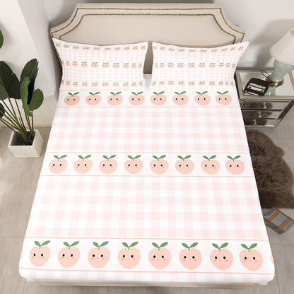 Homewish Peach Print Bed Sheets Full Size,Pink White Checkered Bedding Set 4Pcs for Kids Girls Boys Teens Room Decor,Cartoon Fruit Fitted Sheets Sweet Kawaii Top Flat Sheet,2 Pillowcases