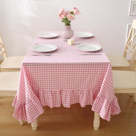 100% Cotton Pink Plaid Ruffled Table Cloth for Rectangle Table, Classic Farmhouse Checker Gingham Vintage Decorative Tablecloth (Pink/White Plaid, 70x52 inches)