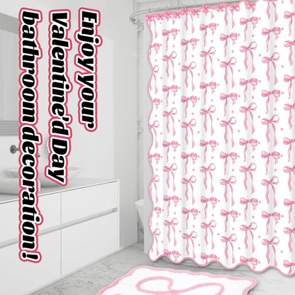 JarThenaAMCS 17Pcs Pink Bow Shower Curtain Set with 12 Decorative Shower Curtain Hooks 2 Bathroom Towels Coquette Non Slip Absorbent Rug U-Shaped Toilet Rug for Christmas Modern Aesthetic Bathroom