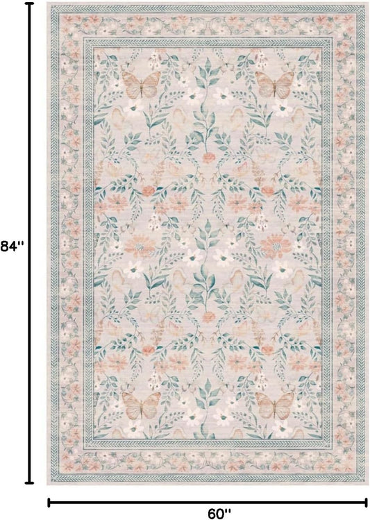 Rugxara Pink Floral 5x7 Washable Area Rug, Vintage Boho Non Slip, Low Pile Rugs for Bedroom,Girls Nursery Kids Room,Dining Room,Livingroom(Coral 5x7ft)