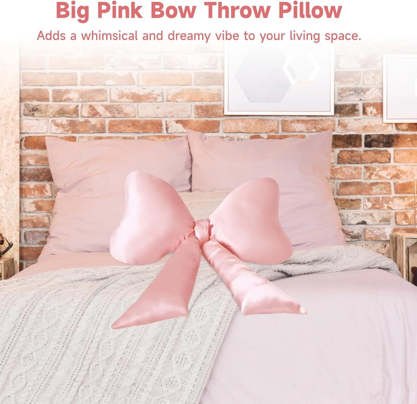 Homaisson Big Pink Bow Throw Pillow, Satin Breathable Neck Support Cushion, Smooth Encased Soft Filling, Decorative Bow Shaped Pillow for Enhanced Room Ambiance, 23.6×13.8"