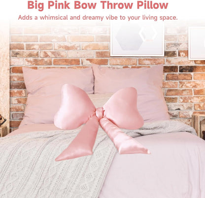 Homaisson Big Pink Bow Throw Pillow, Satin Breathable Neck Support Cushion, Smooth Encased Soft Filling, Decorative Bow Shaped Pillow for Enhanced Room Ambiance, 23.6×13.8"