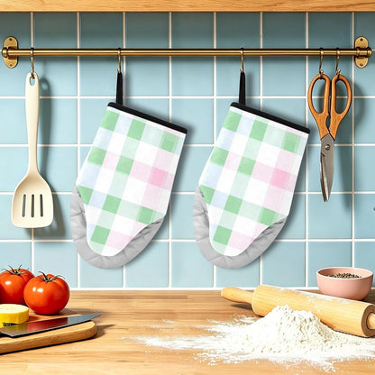 Oven Mitt 2 Pack Set Light Pink and Green Plaid Kitchen Mitts Gloves for for Cooking Baking Grilling