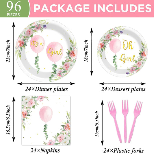 96Pcs Oh Girl Watercolor Pink Balloon Party Supplies Greenery Girl Baby Shower Tableware Set Pink Flower Party Favor Birthday Baby Shower Parties Plates and Napkins Table Decorations for 24 Guests