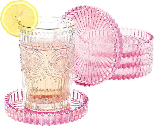 5 Pack Clear Glass Coaster for Drinks, Crystal Coasters Round Cup Coaster with Beads Edge, Coffee Table Decor for Restaurant bar Kitchen Dining Table (Pink)