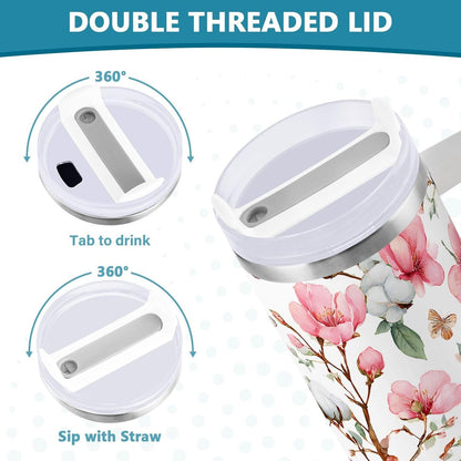 30 oz Peach Blossom Butterfly Pattern Tumbler with Handle and Straw Lid