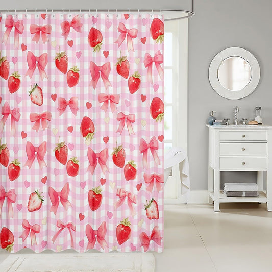 jejeloiu Cute Bowknot Shower Curtain for Bathroom Decor Strawberry Bow Bath Curtain Grid Bathroom Accessories Dreamy Bow Waterproof Polyester Fabric for Stalls Bathtubs 72"x72"