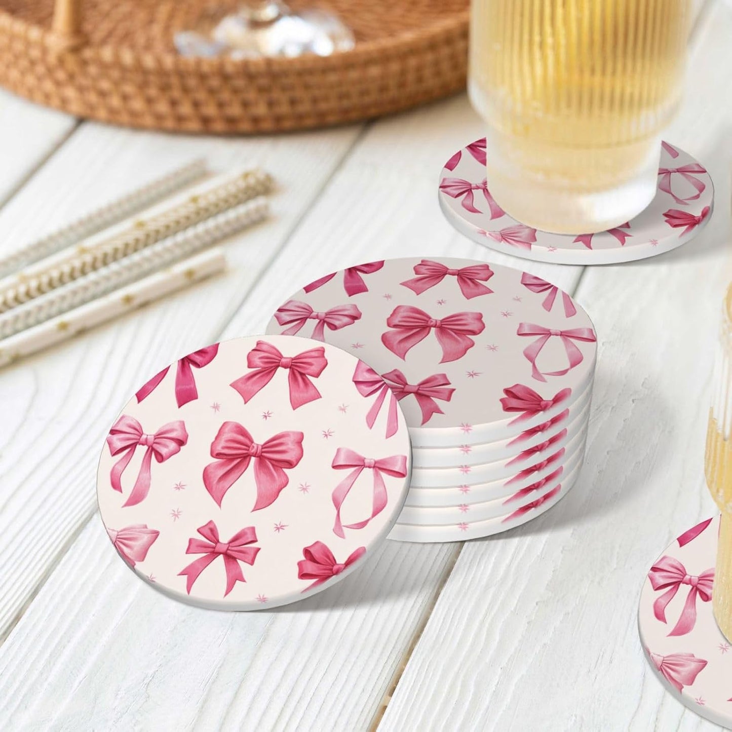 Light Pink Bows in Three Rows Ceramic Coasters with Holder Set of 6 Coffee Cup Drink Coasters