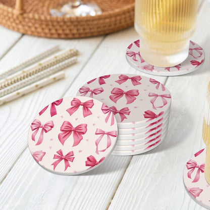 Light Pink Bows in Three Rows Ceramic Coasters with Holder Set of 6 Coffee Cup Drink Coasters