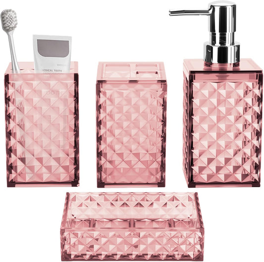 Bathroom Accessory Set, Grid Pattern 4 Pcs Plastic Bathroom Set Include Soap Dispenser, Soap Dish, Toothbrush Holder, Mousewash Cup, Modern Bahtroom Décor Set(Pink)