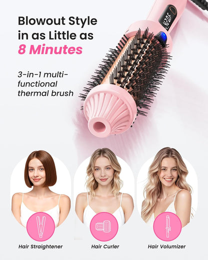 Thermal Brush, 1.5” Heated Round Brush for Dry Hair Styling, Smooths Frizz & Adds Shine, Blowout-Look Without Blow Dryer, Dual Voltage, 6 Heat Settings, Pink