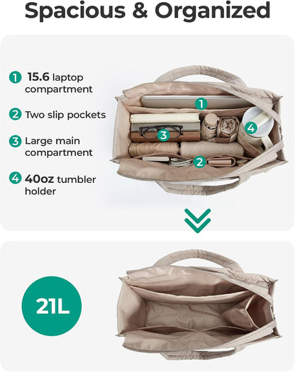 BAGSMART Tote Bag for Women, 2Pc Puffy Tote Bag Set with Zipper, Quilted Large Work Teacher Bag for Travel