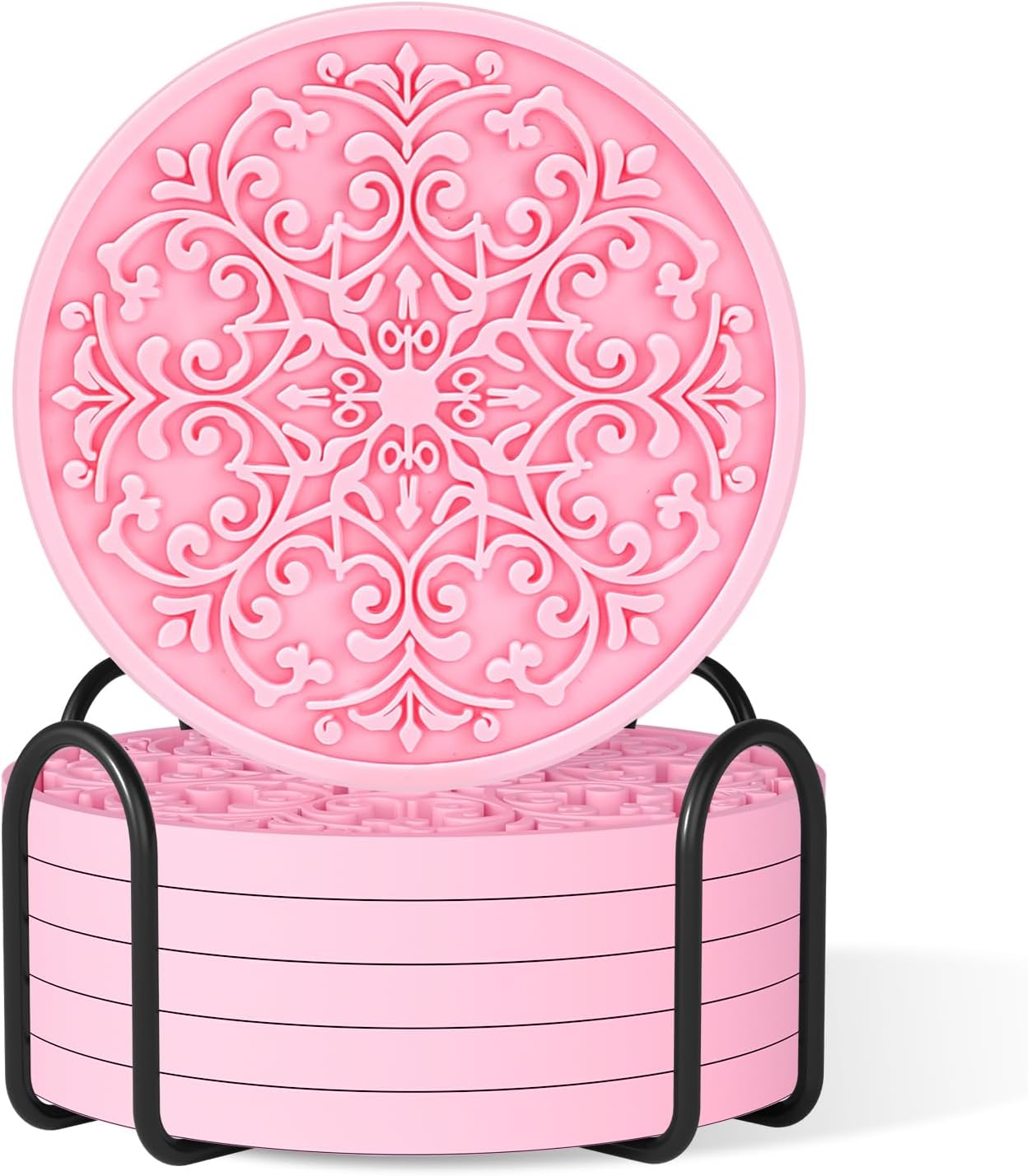 Drink Coasters, Coasters Set of 6 for Cup with Holder, Non-Slip Silicone Cup Mats for Hot and Cold Drinks, Cute Absorbent Coffee Bar Accessories Table Decor, Pink