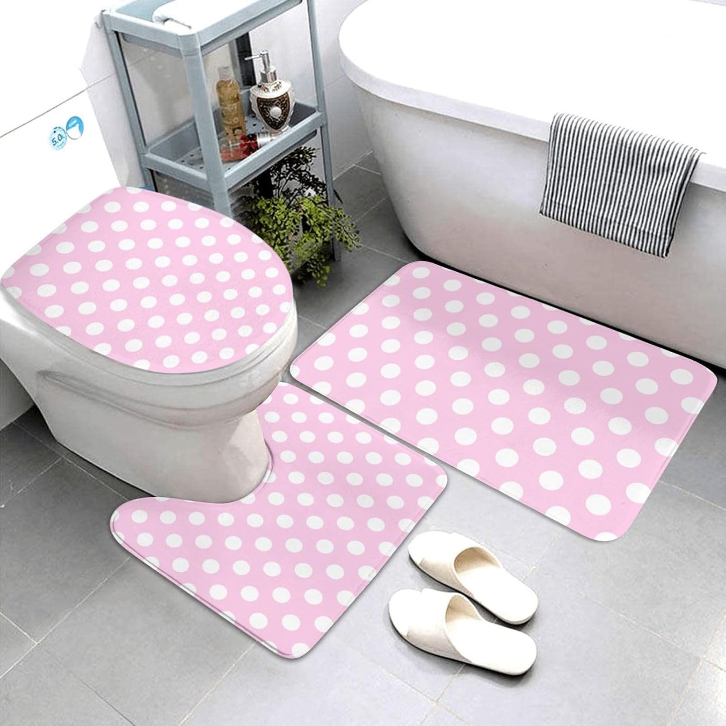 Light Pink Polka Dot Print B Bathroom Rugs Sets 3 Piece - Absorbent Non Slip Washable Bath Mats, U-Shape Toilet Lid Cover, Contour Mat, Soft Shower Mats Bath Rug Mat for Bathroom Toilet Tub