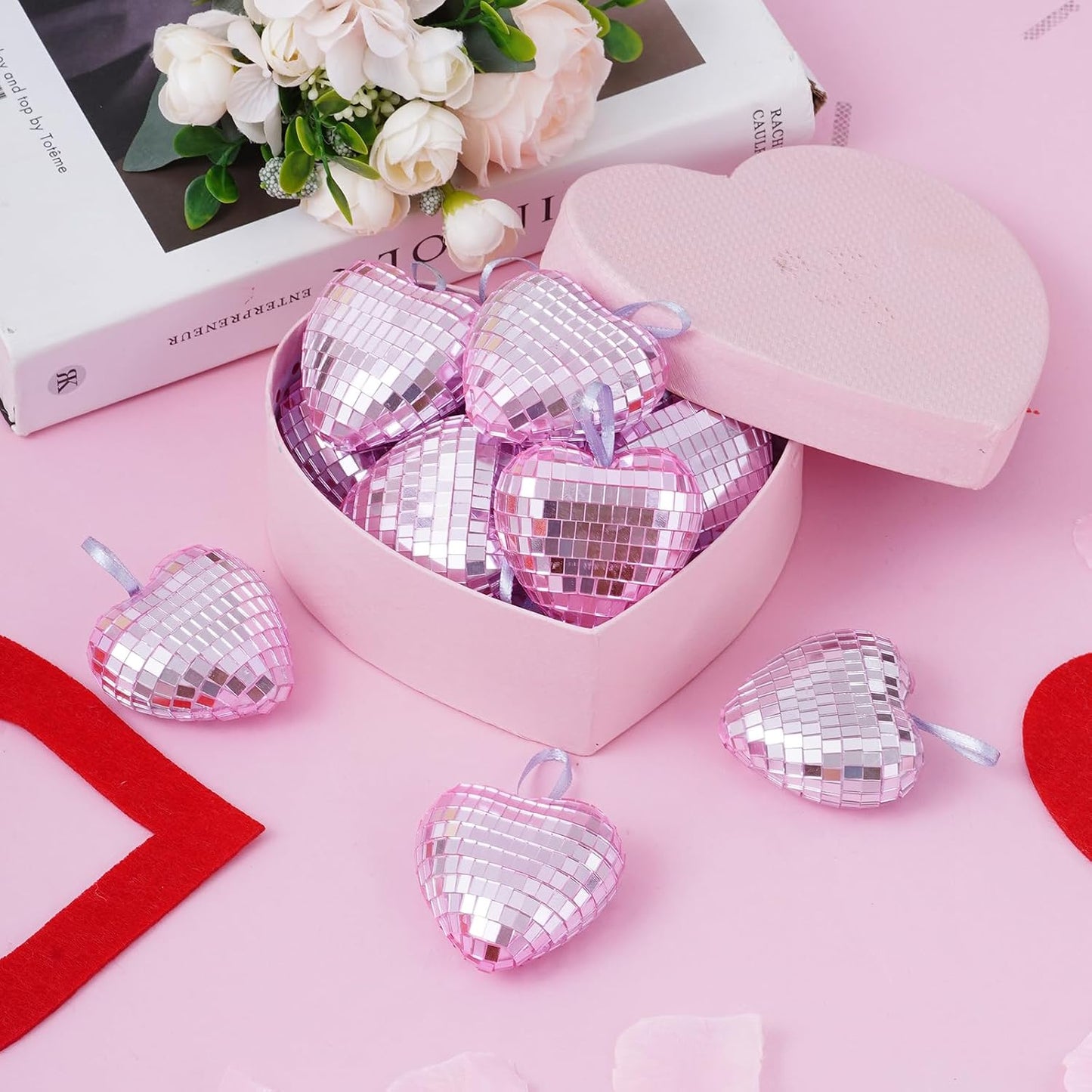 12pcs Heart Disco Valentine Ornaments Heart Shaped Disco Ball Pink Mirror Balls Hanging Ornaments for Valentines Decorations Tree Party (12, Pink, 2.4in)