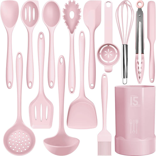 AOTHOD Silicone Cooking Utensils Set - 446°F Heat Resistant Kitchen Utensils, Spatula,Turner Tongs,Spoon,Whisk,Kitchen Utensil Gadgets Tools Set for Nonstick Cookware,Dishwasher Safe BPA Free(Pink)