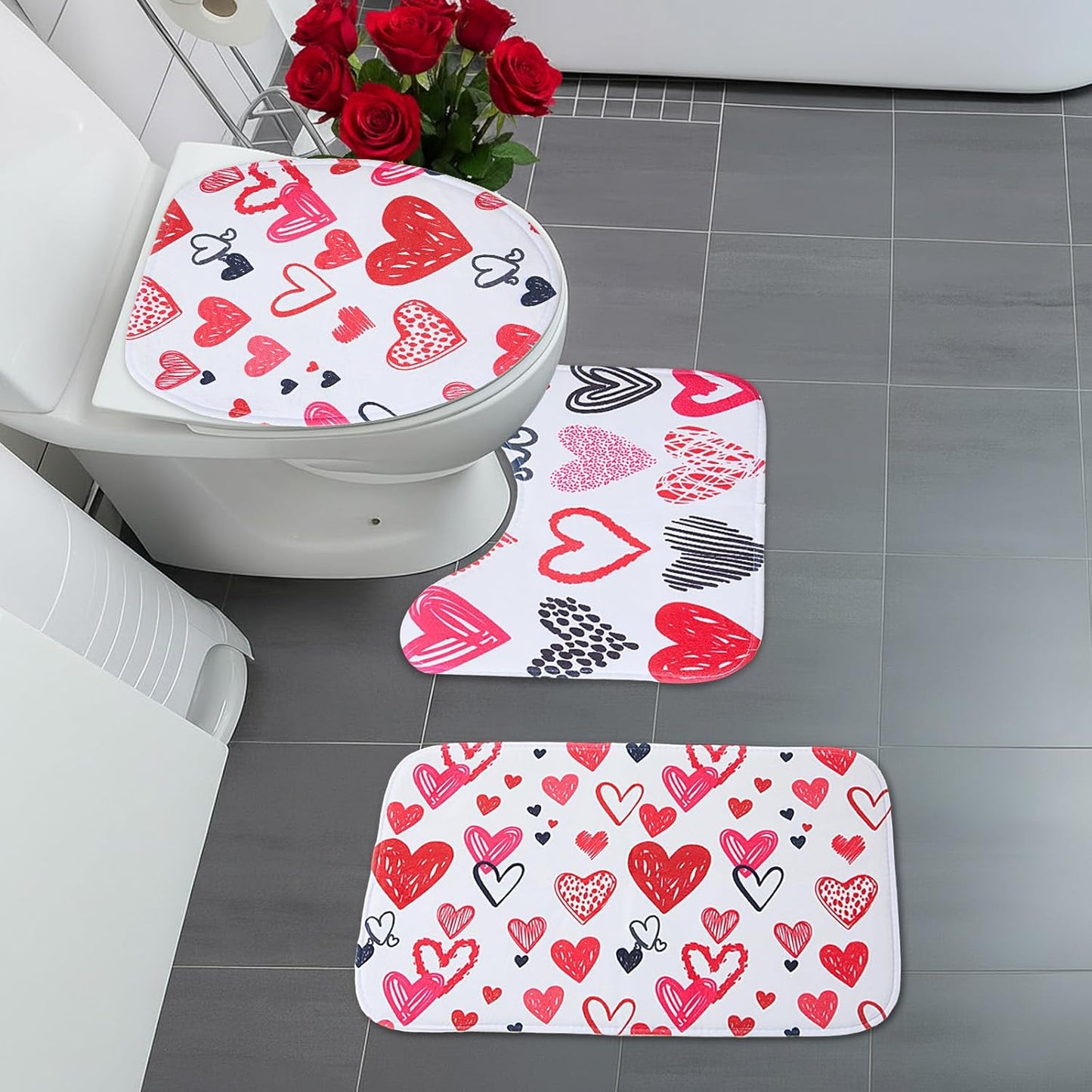 Gilprop 6 Pcs Valentine's Day Shower Curtain Set Valentines Bathroom Decor with Toilet Lid Cover, U-shaped Mat, Bath Mat, 2 Towels, Red and Pink Valentines Shower Curtains with 12 Hooks for Home Decor