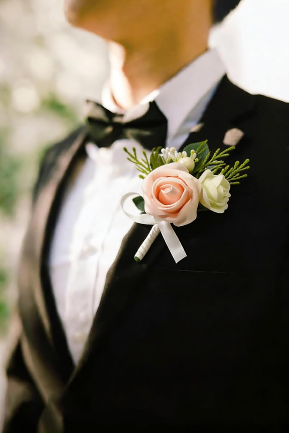 6PCS Blush Pink Boutonniere for Men,Coral Pink Boutonniere Pins for Men Groomsmen Guest, Artificial Flowers for Wedding Decor Prom Homecoming