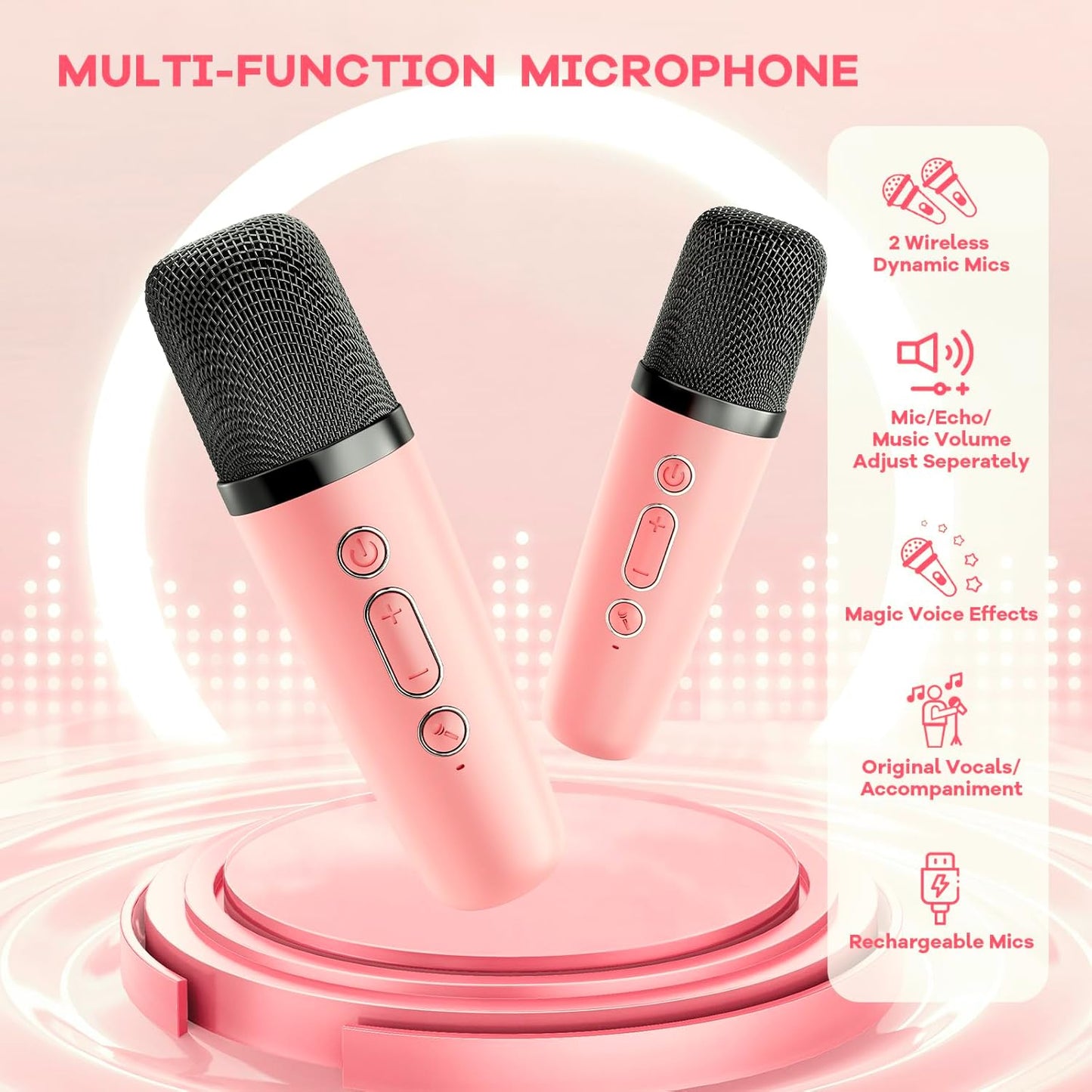 YLL Mini Karaoke Machine for Kids Adults, Portable Bluetooth Speaker with 2 Wireless Microphones, Trendy Birthday Gifts Toys for Girls Ages 3, 4, 5, 6, 7, 8, 9, 10+ Years Old Home Family Party (P-ink)