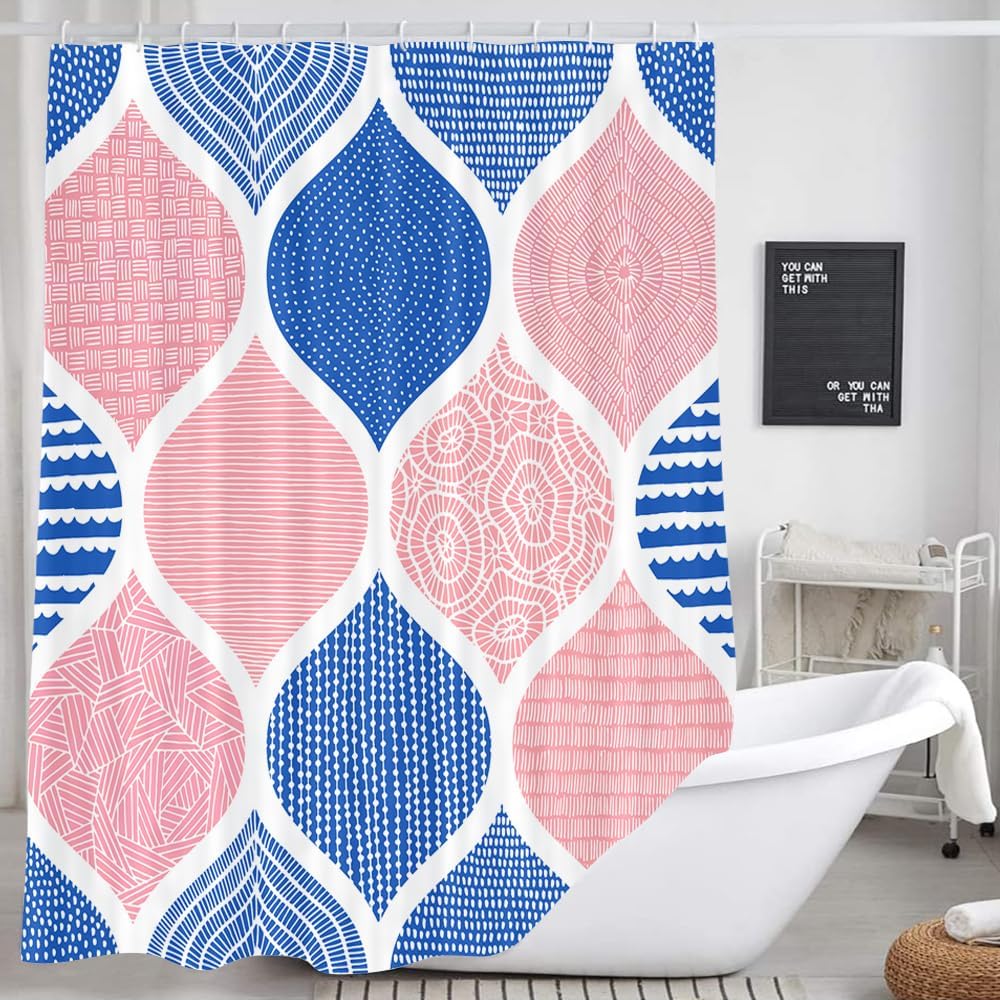 JAWO Blue and Pink Shower Curtain for Bathroom, Light Blue White Dark Pink Bohemian Chic Geometric Pattern Fabric Shower Curtains Set, Modern Paisley Restroom Decor Accessories with Hooks 72X75Inches