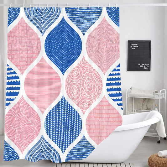 JAWO Blue and Pink Shower Curtain for Bathroom, Light Blue White Dark Pink Bohemian Chic Geometric Pattern Fabric Shower Curtains Set, Modern Paisley Restroom Decor Accessories with Hooks 72X75Inches