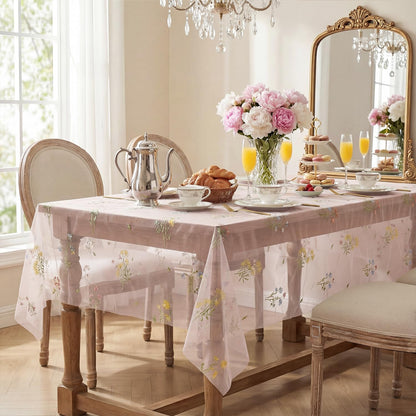 Horaldaily Embroidery Flower Plant Pink Gauze Tablecloth 60×84 Inch Rectangular, Spring Summer Tulle Table Cover, Garden Party Decorations for DIY, Wedding, Party, Holiday Dining Decor