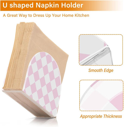Light Pink and White Checkered Napkin Holder for Table Acrylic Cocktail Napkin Holders Decorative Tissue Paper Holder Vertical Napkin Dispenser for Home Kitchen Dining Decor, 2 PC