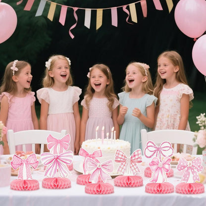 9Pcs Pink Bow Party Honeycomb Centerpieces Decorations, 3D Coquette Birthday Decorations, Pink Bow Table Decor for Birthday Bachelorette Bridal Party