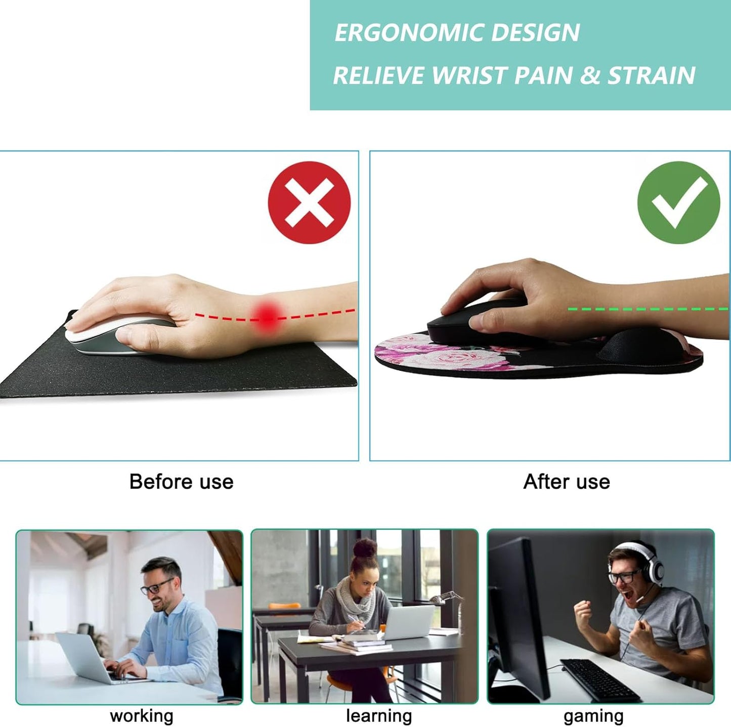 Mouse Pad with Wrist Support, Ergonomic Mouse Pad with Memory Foam Wrist Rest Cushion, Non-Slip Rubber Base Gaming Mice Pad for Home Office Computer Laptop, Flowers Pink
