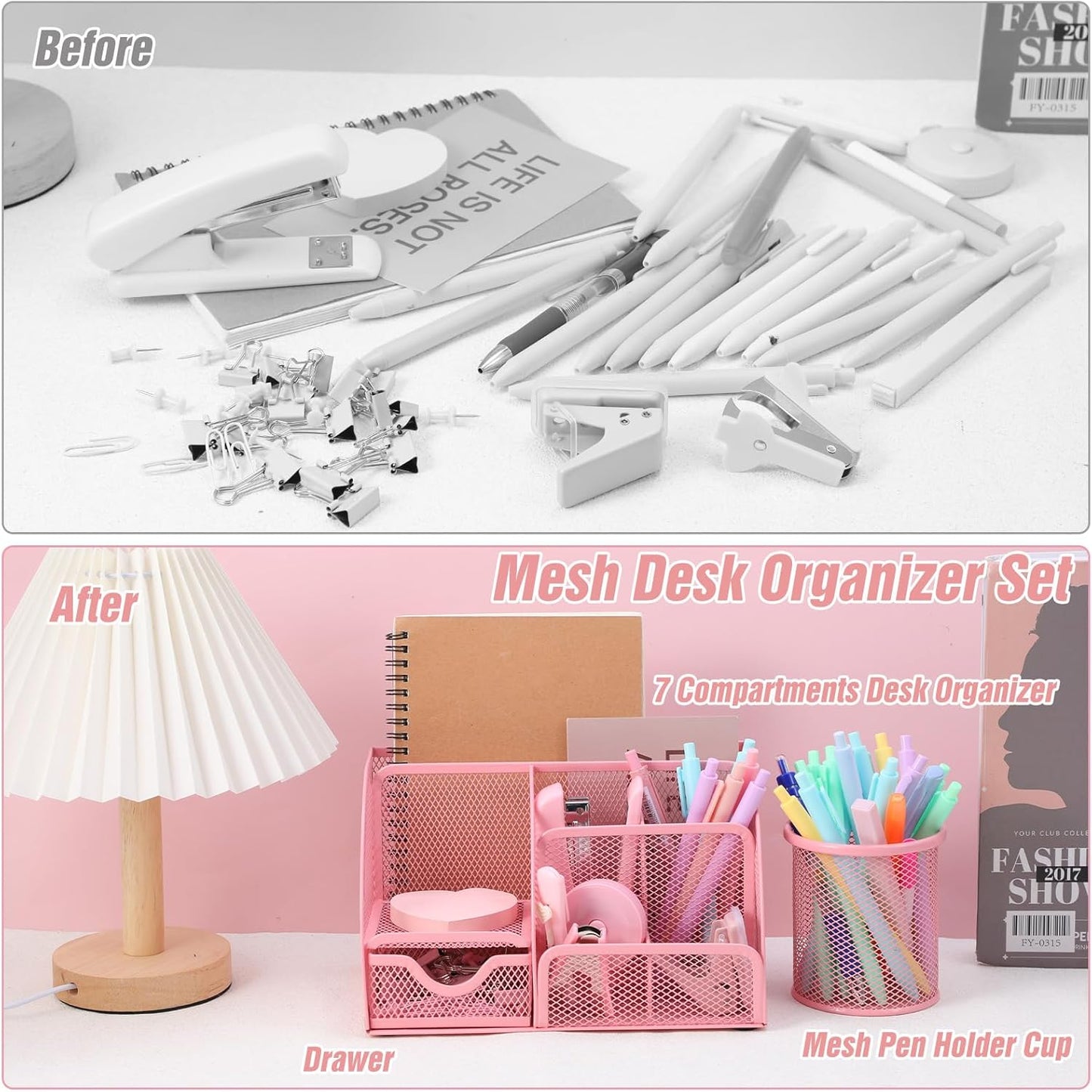 Pink Office Supplies, 12PCS Pink Desk Accessories Set Include Mesh Desk Organizer, Tape Dispenser, Stapler, 1000 Staples, Staple Remover, Pen Holder, Clips Set, Scissors, Sticky Notes for Women