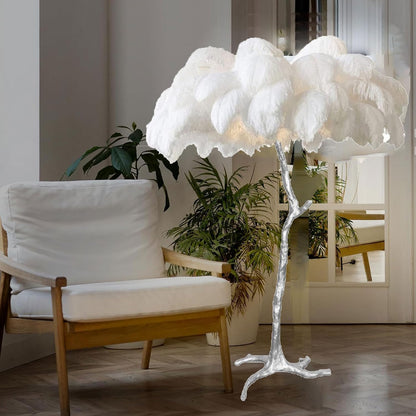 Ostrich Feather Lamp Feather Floor Lamps, Natural Ostrich Feather Floor Lamp Silver Resin Light Body Standing Light 3 Colors Dimmable Feather Lamps with Foot Switch, E14 LED Bulb,Pink