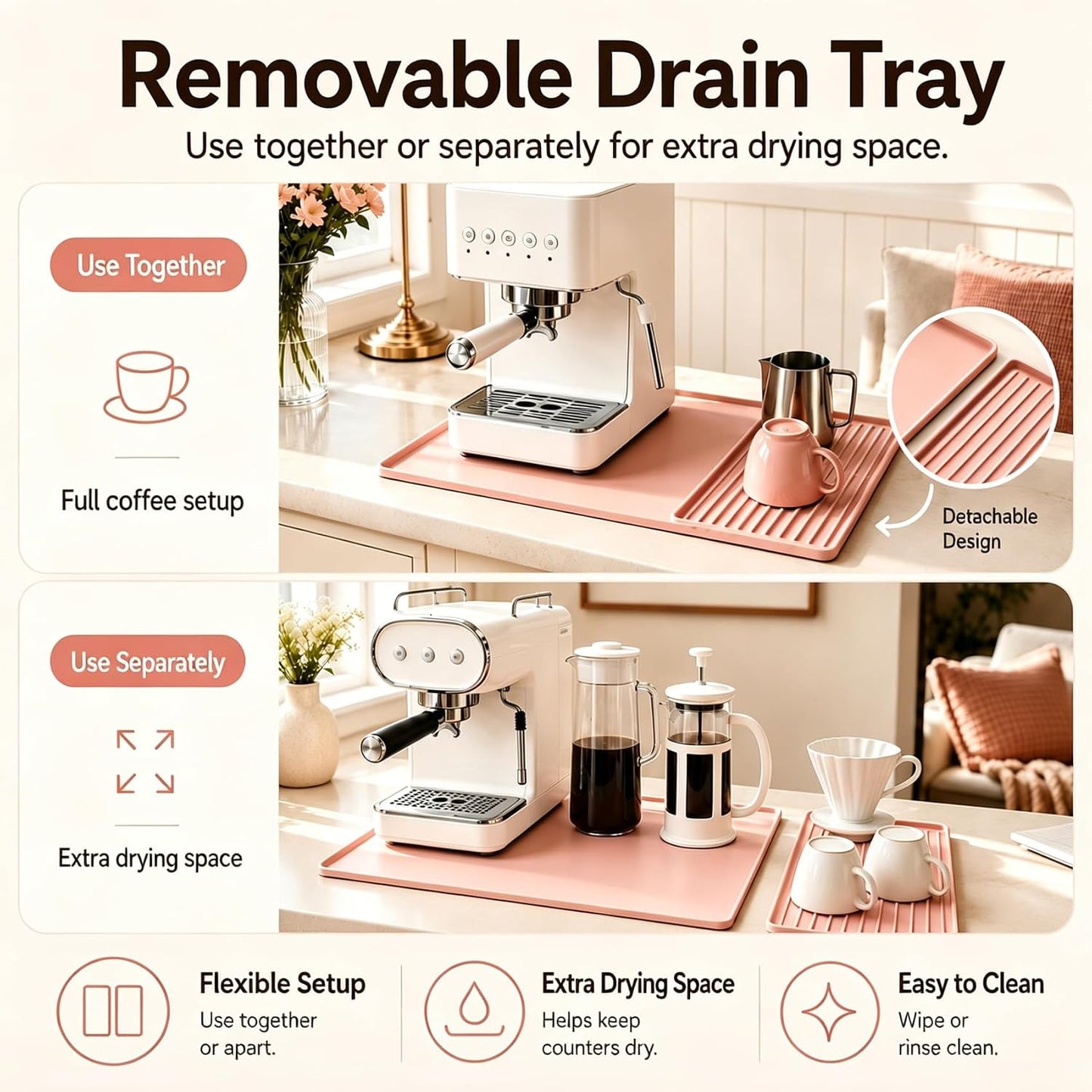 Silicone Coffee Bar Mat 24 x 16 in with Drying Tray, Soft Pink | 24 x 16 in food-grade silicone mat for home/coffee bar; removable tray, raised rim, smooth base adds grip, heat insulation