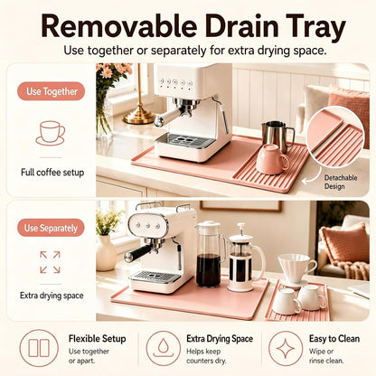 Silicone Coffee Bar Mat 24 x 16 in with Drying Tray, Soft Pink | 24 x 16 in food-grade silicone mat for home/coffee bar; removable tray, raised rim, smooth base adds grip, heat insulation