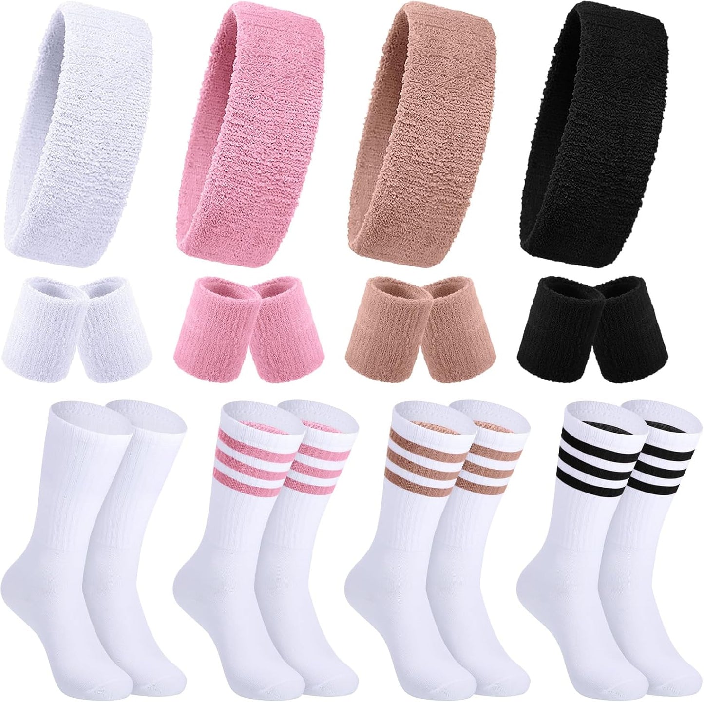 Hillban Sweatband and Stripe Sock Set Neno Wrist Sweat Band Sport Headband Wristband for Men Women 80s Party Accessories