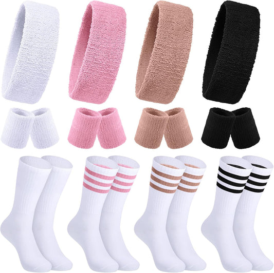 Hillban Sweatband and Stripe Sock Set Neno Wrist Sweat Band Sport Headband Wristband for Men Women 80s Party Accessories