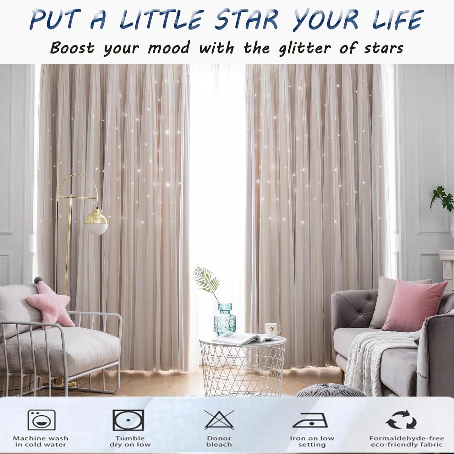 Beige Star Blackout Curtains for Bedroom, Boho Curtains, W52X L63 | 1 Panel Beige Thick Grommet Top Star Cutout Curtains, Double Layer Window Treatments, Aesthetic Living Room Decor
